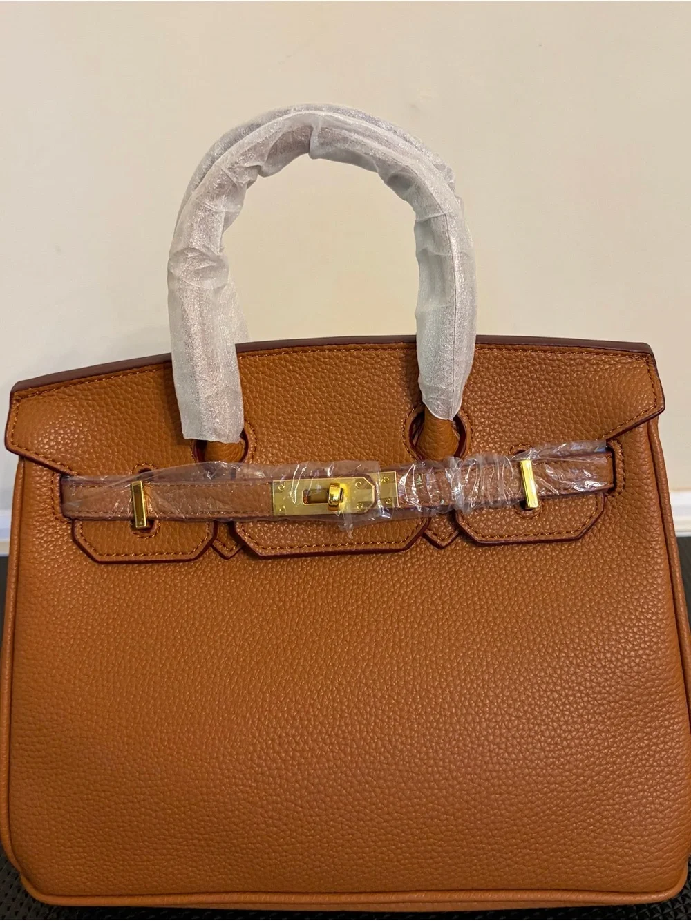 Brown/Tan Real Leather Top-Handle Bag with Gold Hardware
